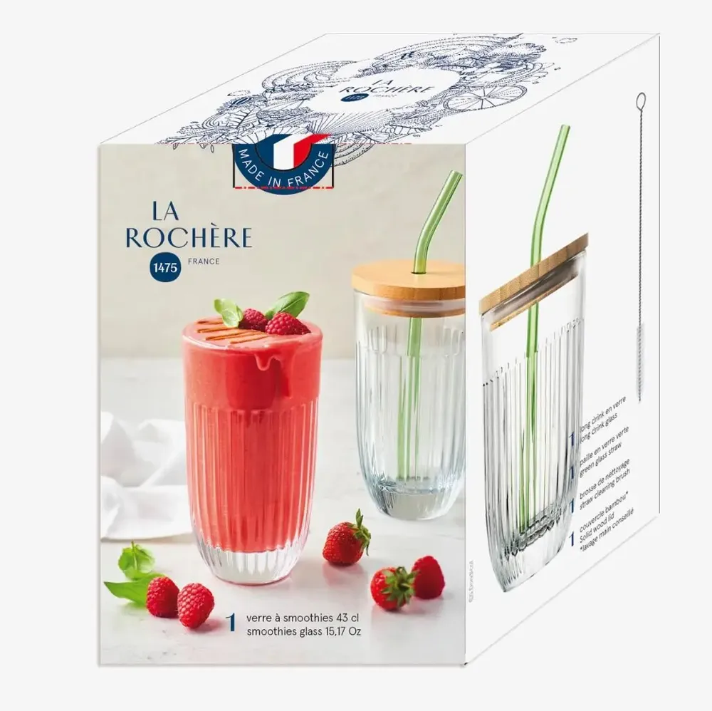 Glass - OUESSANT smoothie glass box with green glass straw and brush - LA ROCHÈRE