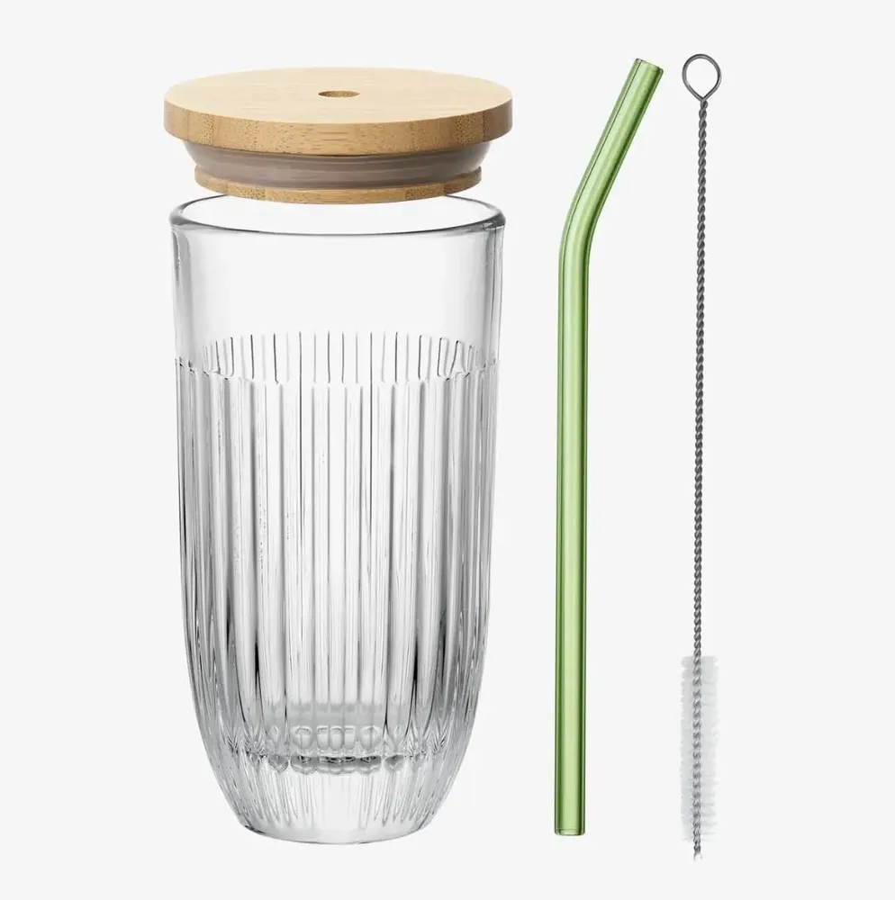 Glass - OUESSANT smoothie glass box with green glass straw and brush - LA ROCHÈRE