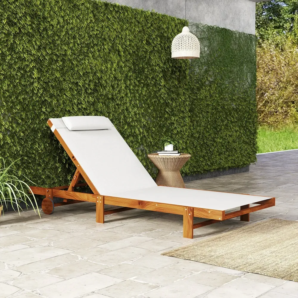 Deck chairs - Exotic style wooden sun lounger with 2 wheels - reclining, headrest - white textilene - AOSOM BUSINESS