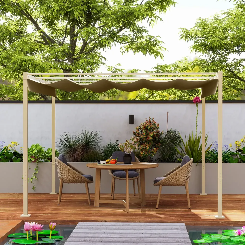 Pergolas - Retractable pergola 3 x 3 m beige epoxy steel polyester 180 g/m² UPF30+ khaki - AOSOM BUSINESS