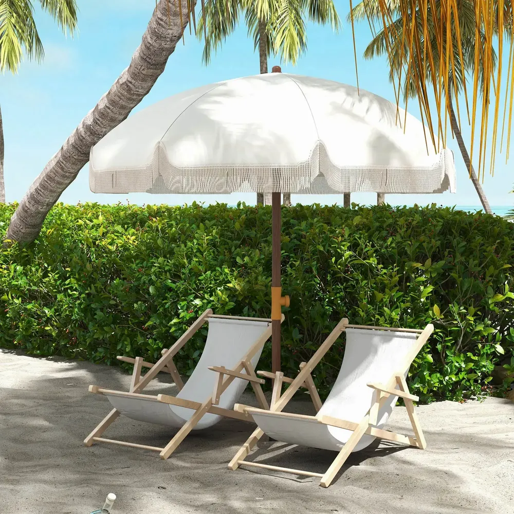 Parasols - Parasol droit de plage jardin style bohème à franges UV40+ crème - AOSOM BUSINESS