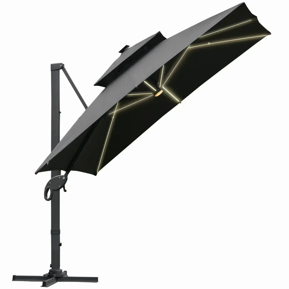 Lawn sofas - Rectangular LED offset parasol, tilting, swivelling, grey polyester - AOSOM BUSINESS