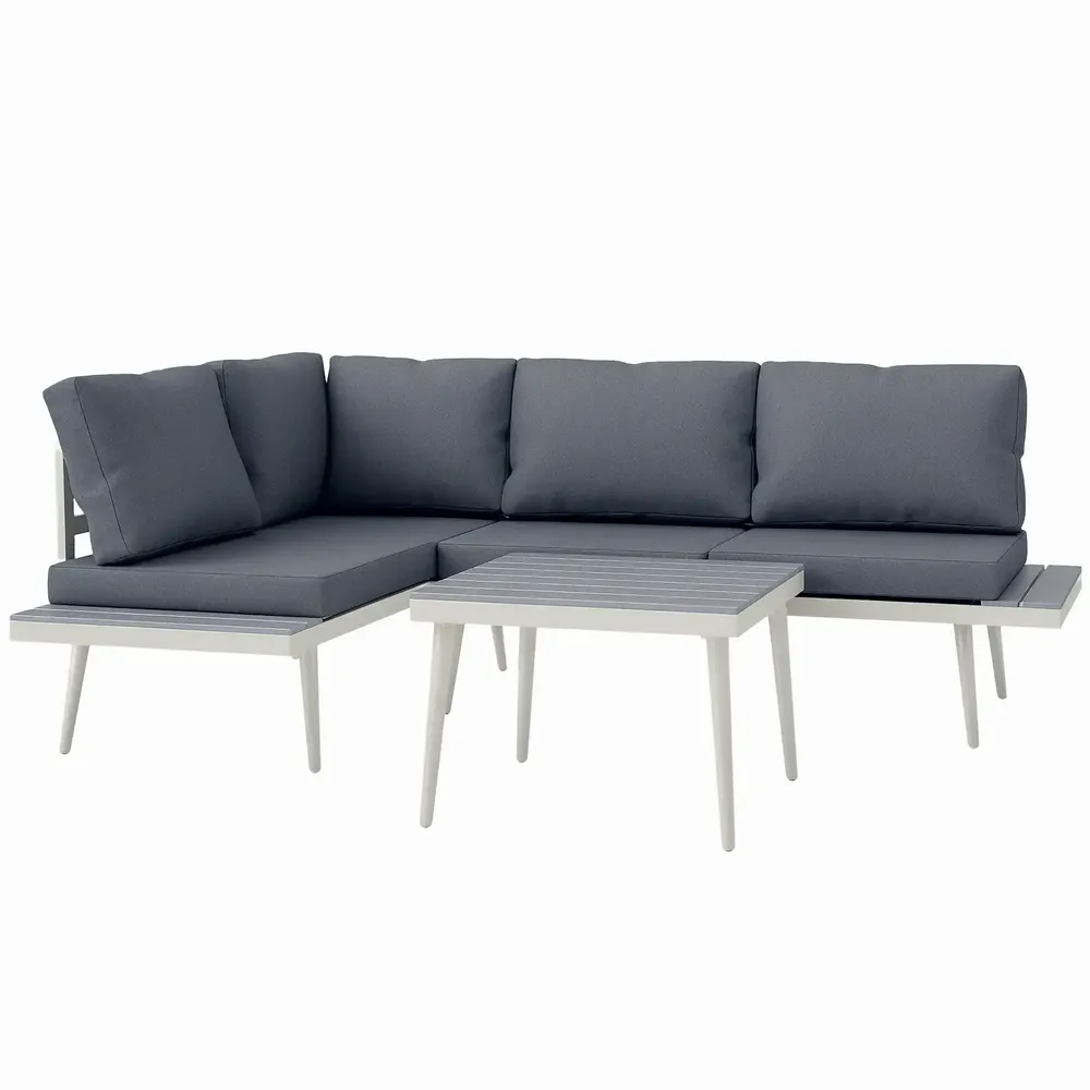 Lawn sofas - Modular garden furniture set for 4 people, 3 pieces, cream metal design, gray cushions - AOSOM BUSINESS