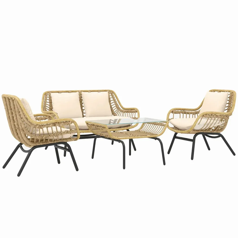 Lawn sofas - 4-person garden furniture set, 4 pieces, exotic style, beige cushions included - AOSOM BUSINESS