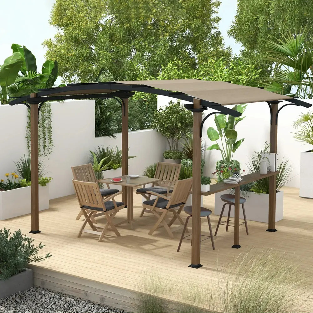 Pergolas - Pergola with counter, arched roof, aluminum, steel, black wood effect, greige canvas - AOSOM BUSINESS