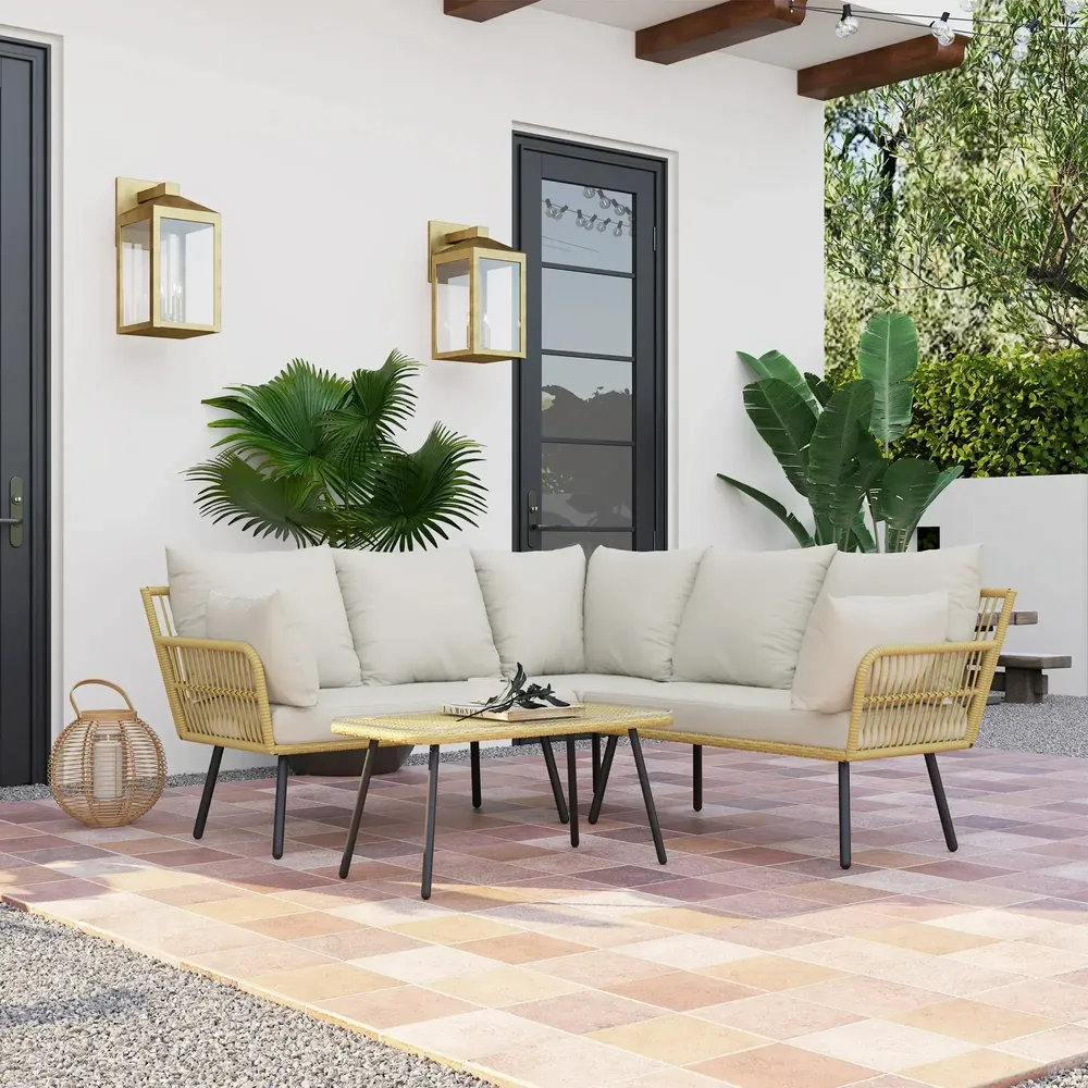 Lawn sofas - 5-seater corner garden furniture set in bohemian chic style, woven resin - AOSOM BUSINESS