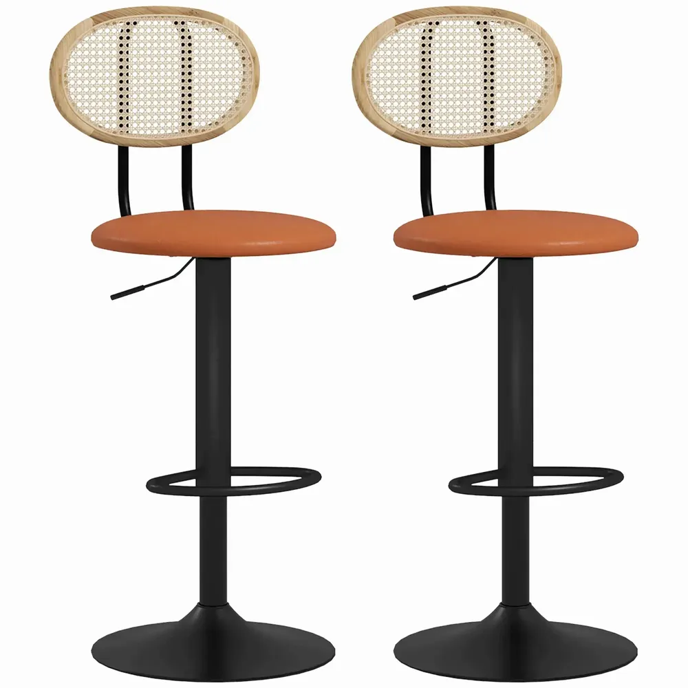 Stools - Set of 2 neo-retro design bar stools, adjustable, swivel, steel, PU, rattan - AOSOM BUSINESS