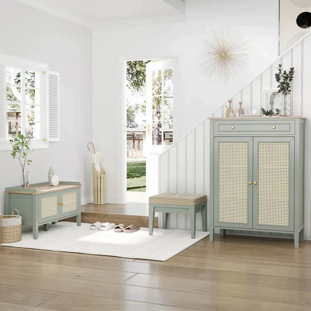 Chests of drawers - Bohemian chic style shoe cabinet in water green rattan - AOSOM BUSINESS