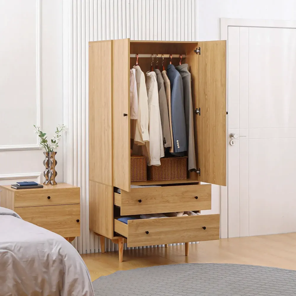 Armoires - Armoire design scandinave 2 portes penderie 2 tiroirs aspect bois clair - AOSOM BUSINESS