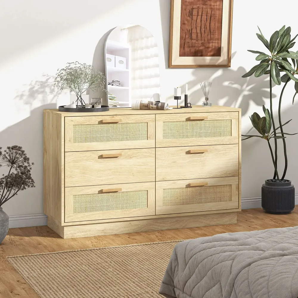 Chests of drawers - Bohemian chic style 6-drawer chest of drawers with rattan and natural light wood effect - AOSOM BUSINESS