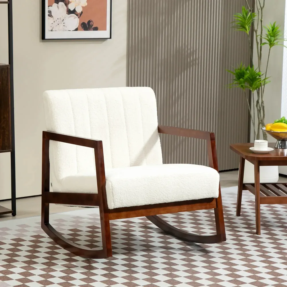 Armchairs - Rocking lounge chair in rubberwood with cream curly wool effect - AOSOM BUSINESS