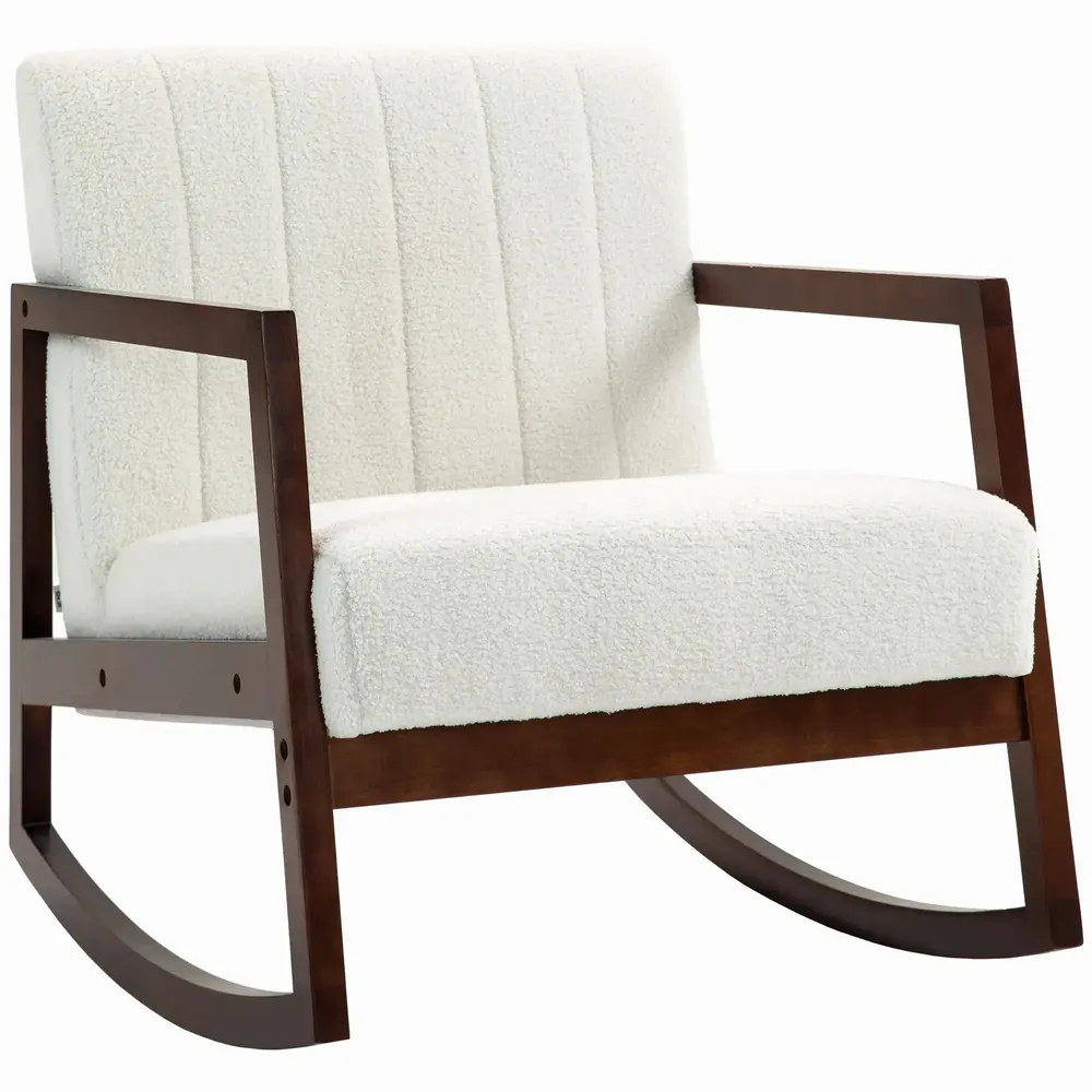 Armchairs - Rocking lounge chair in rubberwood with cream curly wool effect - AOSOM BUSINESS