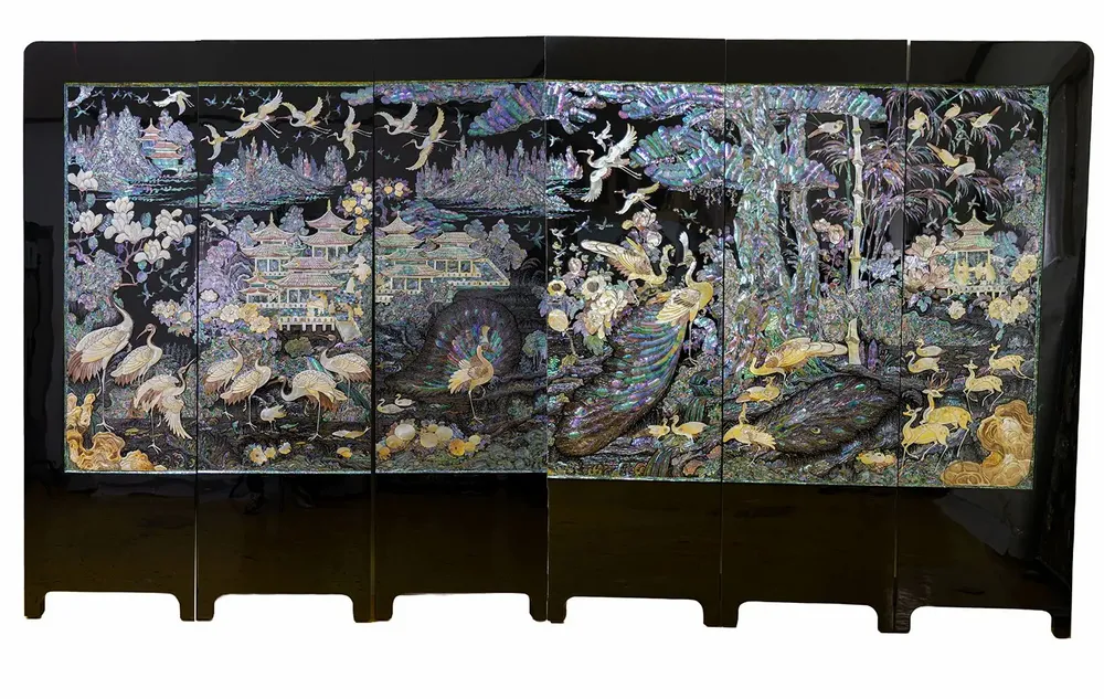 Decorative objects - Korean Mother-of-Pearl Folding Screen – Cranes, Peacocks & Royal Garde - FEBRUARY MOUNTAIN