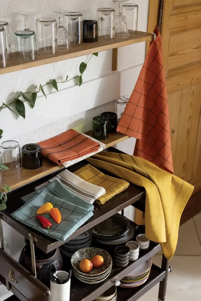 Dish towels - Kilia Checkered Linen-Cotton Tea Towel Vert de gris 50 X 70 - MAISON VIVARAISE - SDE VIVARAISE WINKLER
