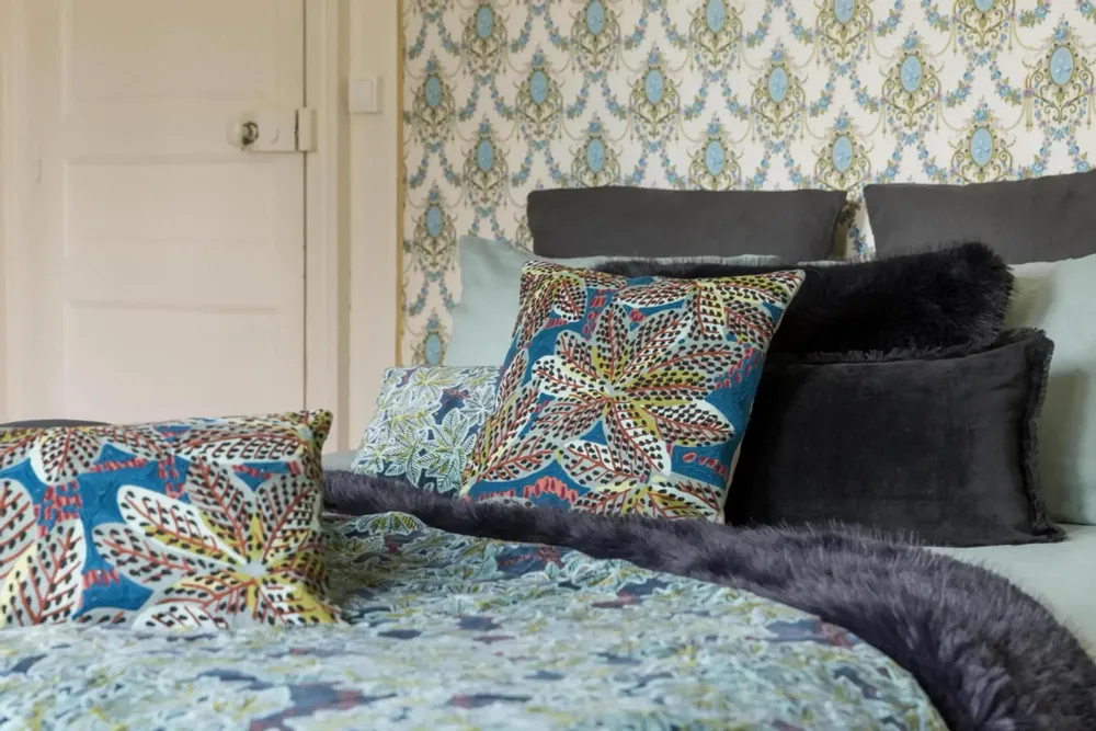 Cushions - Embroidered Cushion Ariane Pétrole 45 X 45 - MAISON VIVARAISE - SDE VIVARAISE WINKLER