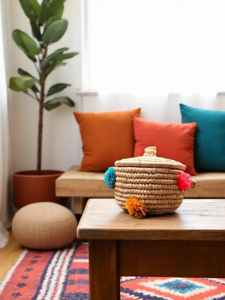 Boîtes de rangement - Panier en paille Wilery -Tissé à main avec des touches de laine coloré - MAISON ZOE