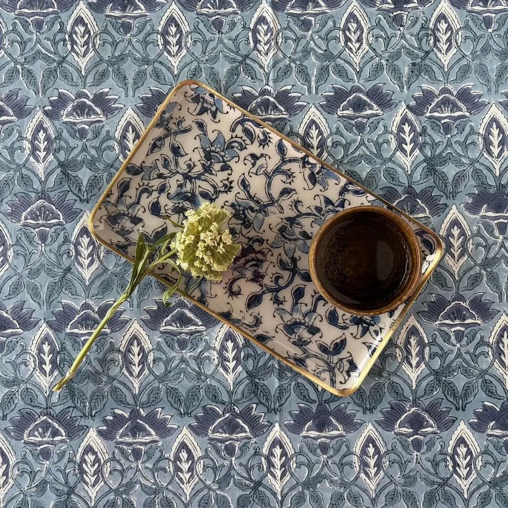 Table linen - Blockprinted cotton tablecloth, 160 x 250 cm - MAISON LILO