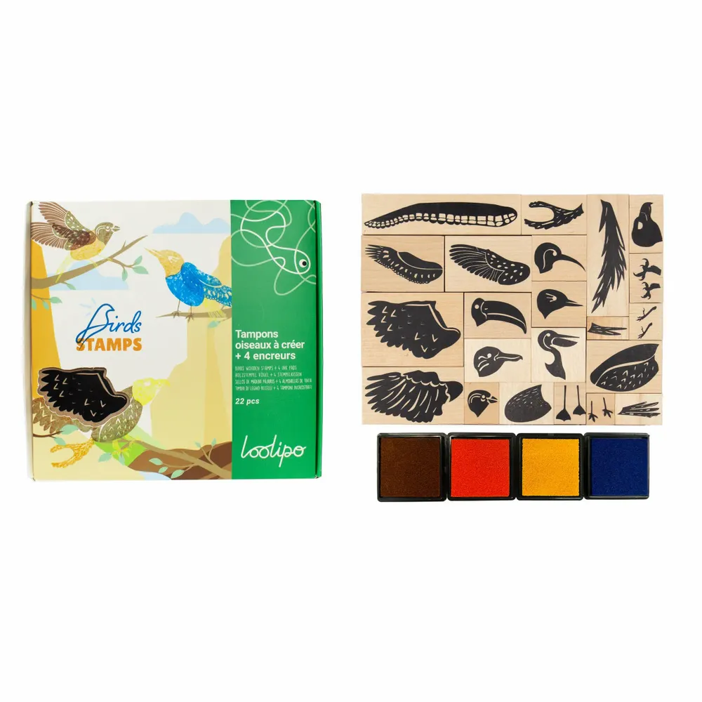 Loisirs créatifs pour enfant - TAMPONS OISEAUX À CRÉER + 4 ENCREURS - LOOLIPO