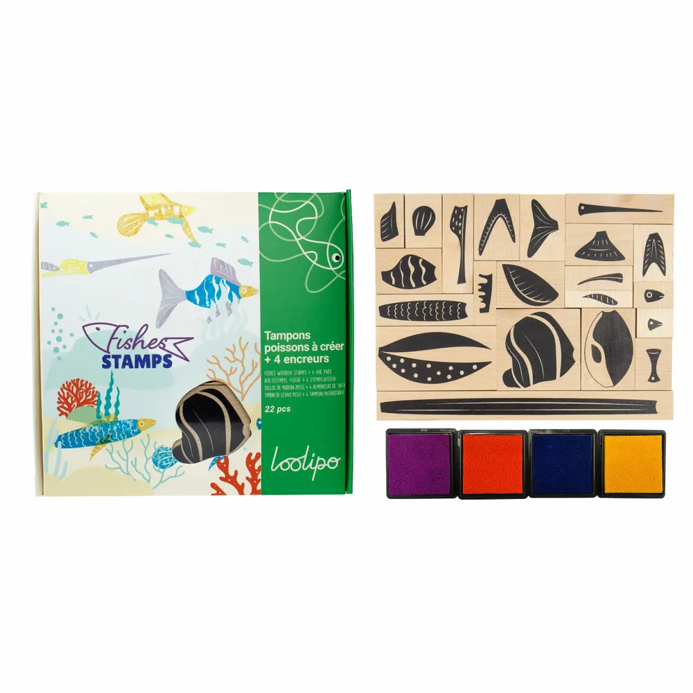 Loisirs créatifs pour enfant - TAMPONS POISSONS À CRÉER + 4 ENCREURS - LOOLIPO