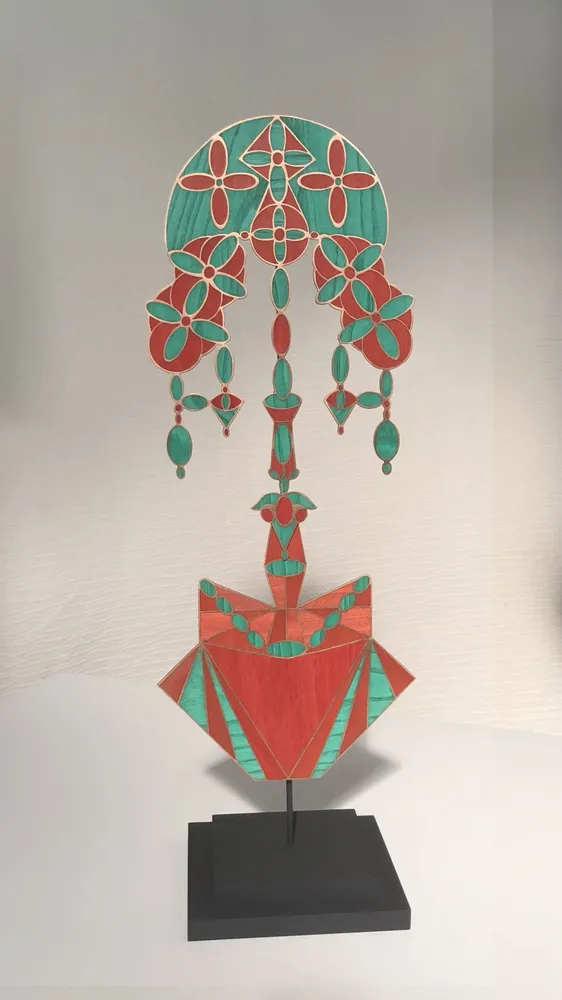 Sculptures, statuettes et miniatures - Masque-sculpture en marqueterie bois et cuivre – Sentinelle - ATELIER NATHALIE MELON