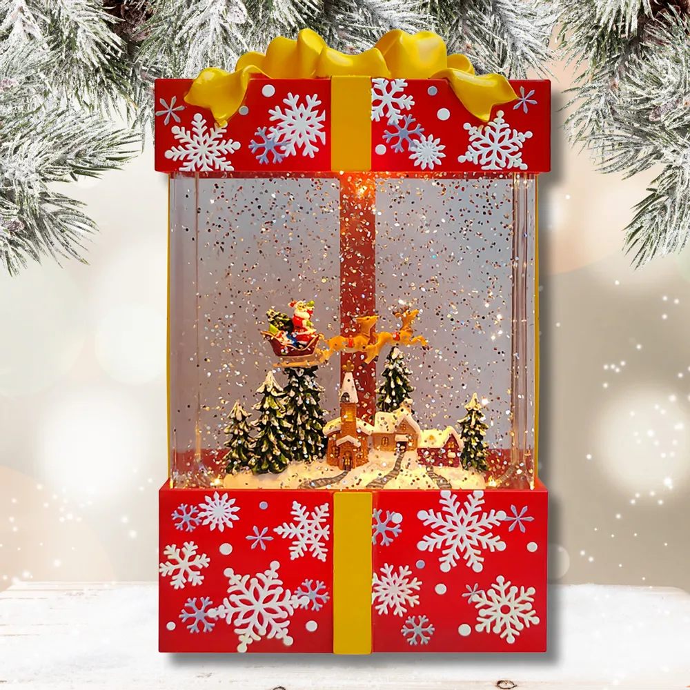 Other Christmas decorations - Christmas LED Gift Box Snow Globe – Santa Sleigh Village Scene (Warm White LED & Music) – DC Option - BLUE STAR B.V.