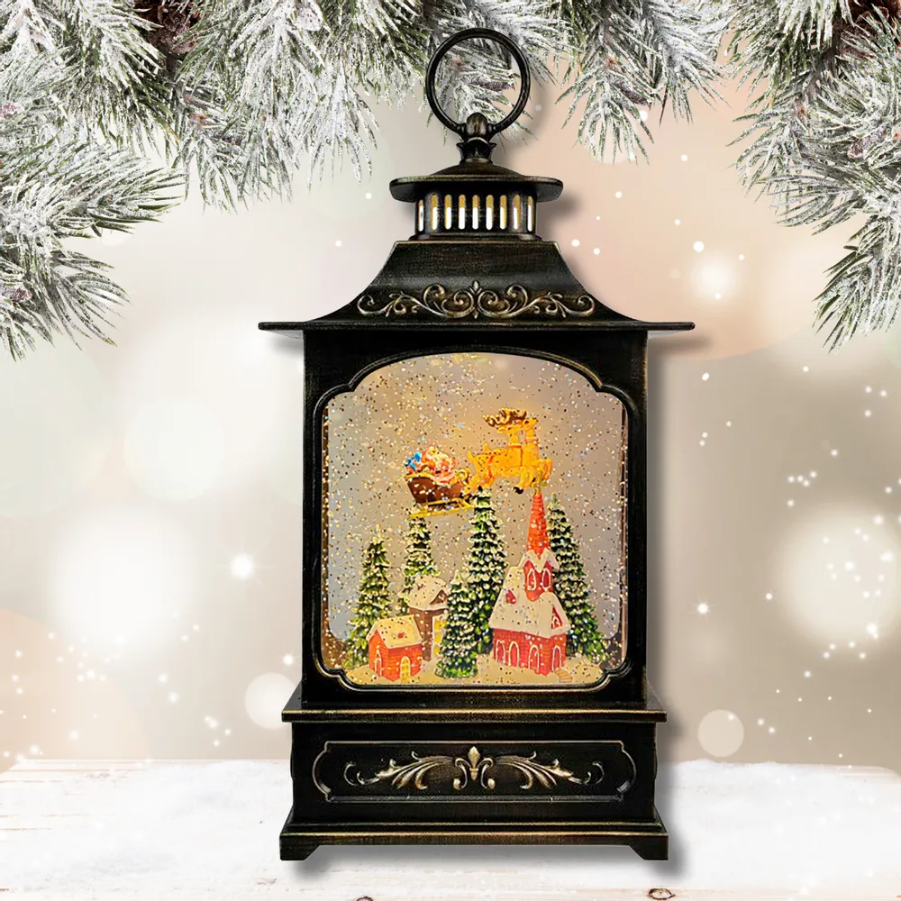 Other Christmas decorations - Christmas LED Lantern Snow Globe – Santa Sleigh Over Village Church (Warm White LED & Music) – DC Option - BLUE STAR B.V.
