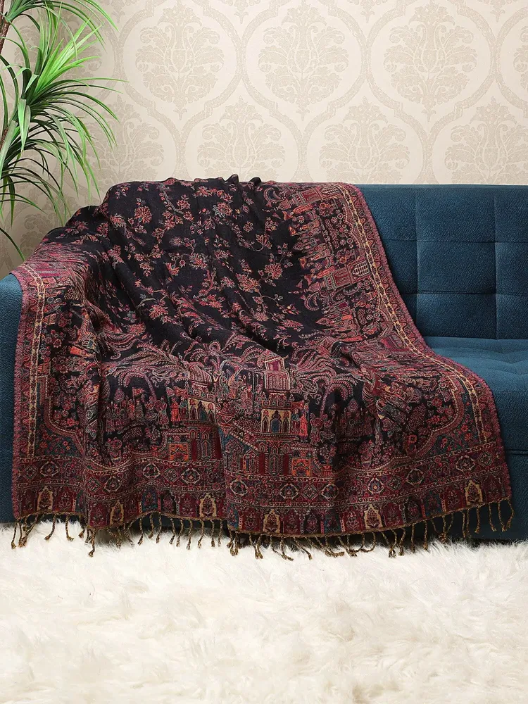 Plaids - Vintage Mughal Merino Wool Blanket Shawl – Black Multi - BRIGHT STAR
