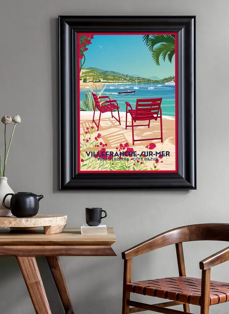 Affiches - Affiche DOZ Villefranche-sur-mer, les chaises rouges, Côte d'Azur - LA MAISON JOSÉPHINE