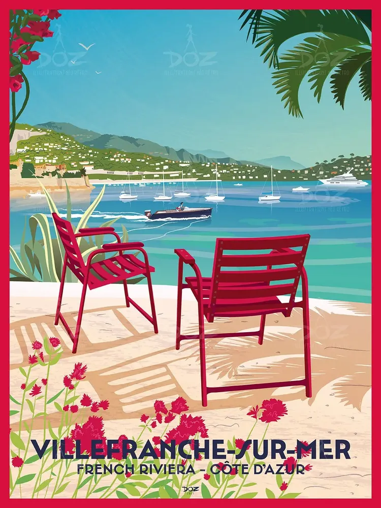 Affiches - Affiche DOZ Villefranche-sur-mer, les chaises rouges, Côte d'Azur - LA MAISON JOSÉPHINE