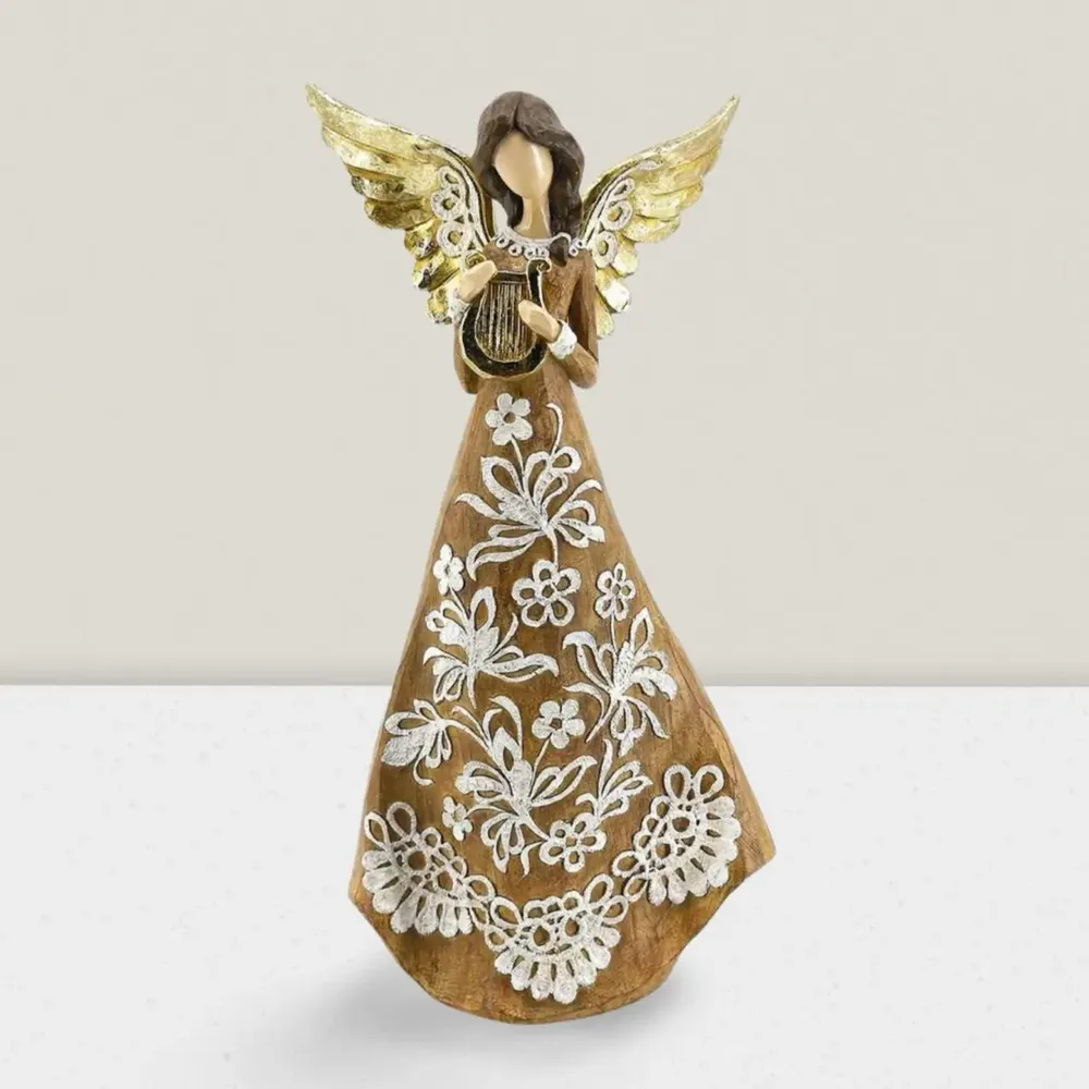 Crèches et santons - Figurine d’Ange de Noël – Harpe – Aspect Sculpté Rustique - BLUE STAR B.V.