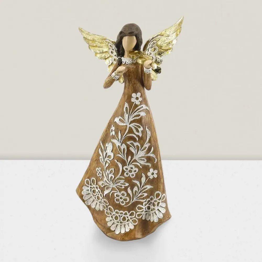 Nativity scenes and santons - Christmas Angel Figurine – Violin Design – Rustic Carved Look - BLUE STAR B.V.