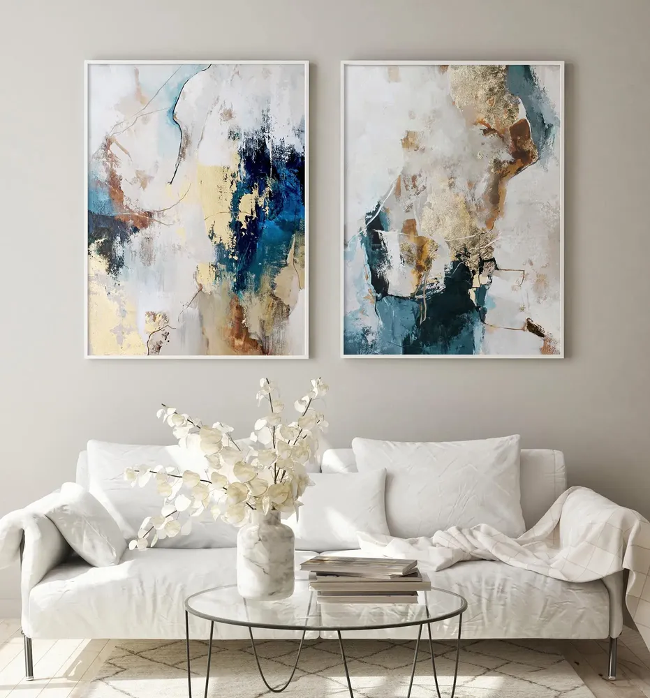 Tableaux - Série de peintures abstraites faites à la main en bleu et or « Flow » - MATISS ART STUDIO