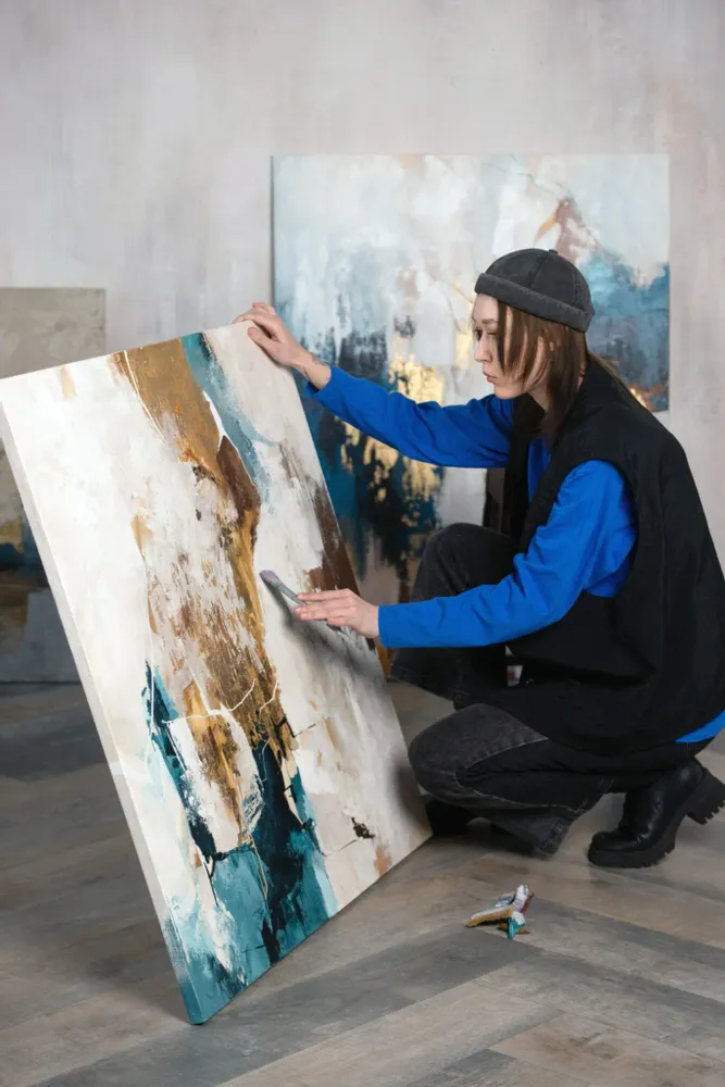 Paintings - Abstract handmade original series of paintings in blue gold "Sobriety" - MATISS ART STUDIO