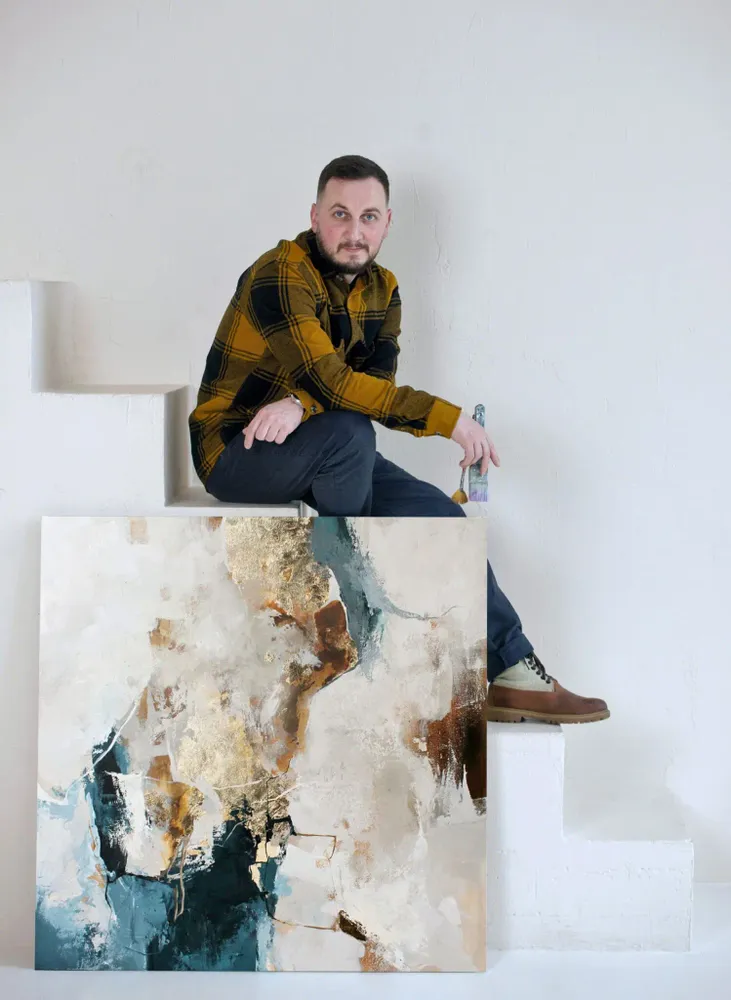 Paintings - Abstract handmade original series of paintings in blue gold "Sobriety" - MATISS ART STUDIO