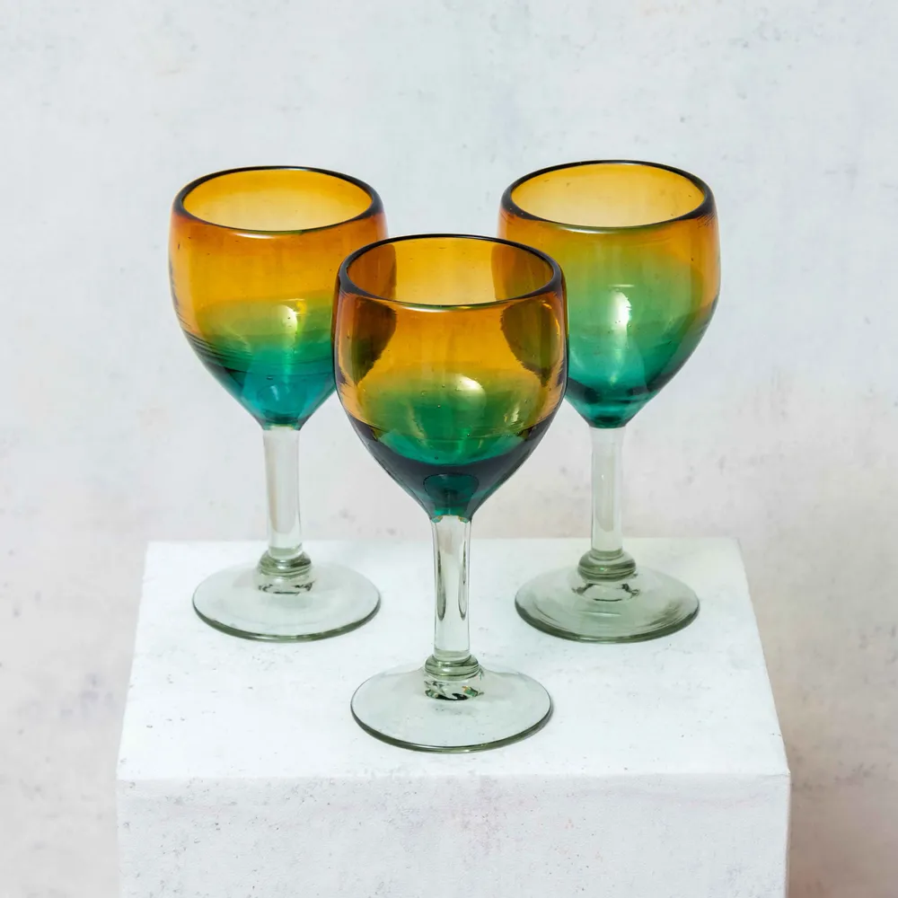 Wine accessories - Blown Vine Glass in Amber and Aquamarine - HUAKAL
