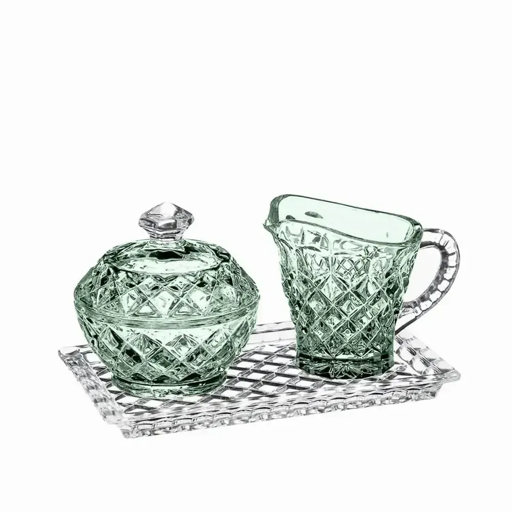 Crystal ware - Malachit crystal set sugar bowl - creamer and tray - 3 pieces - PEKALLA CRISTAL GLASS
