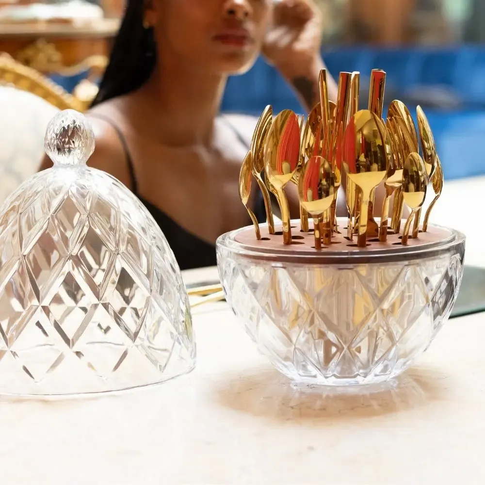 Cutlery set - The Ambrosia 24-Piece Gold Plated Flatware Set in a Crystal Holder - ARCAICO