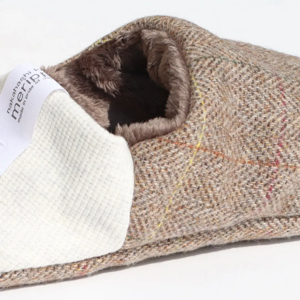 Chaussettes - JAPAN MADE Reversible room shoes / Herringbone Check Tweed × Micro Boa - MERIPPA