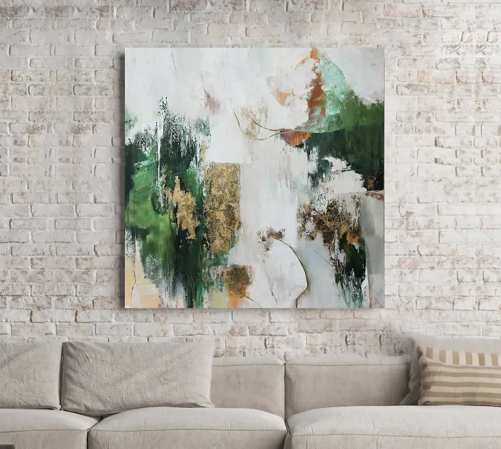 Office design and planning - « Green Avalanche» Series of handmade textured abstract paintings - MATISS ART STUDIO