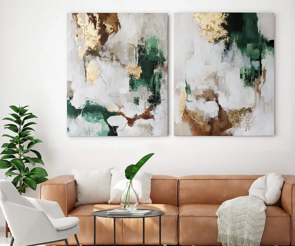 Office design and planning - « Green flux » Series of handmade textured abstract paintings - MATISS ART STUDIO