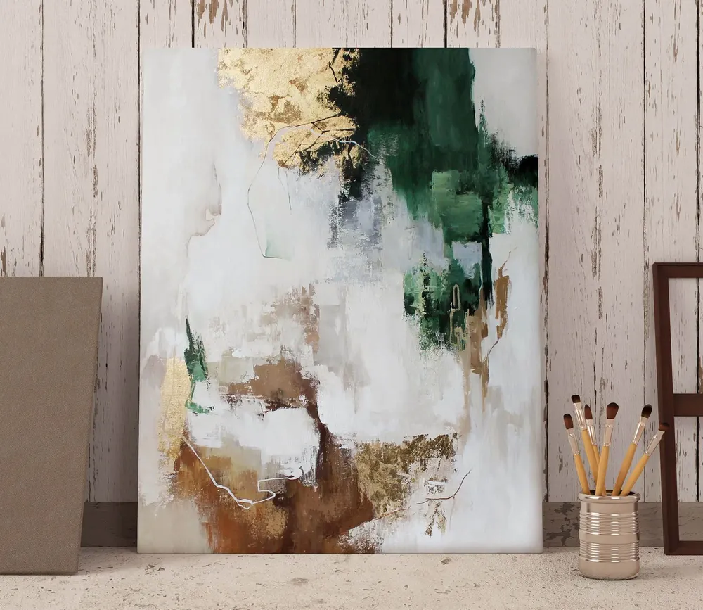 Office design and planning - « Green flux » Series of handmade textured abstract paintings - MATISS ART STUDIO