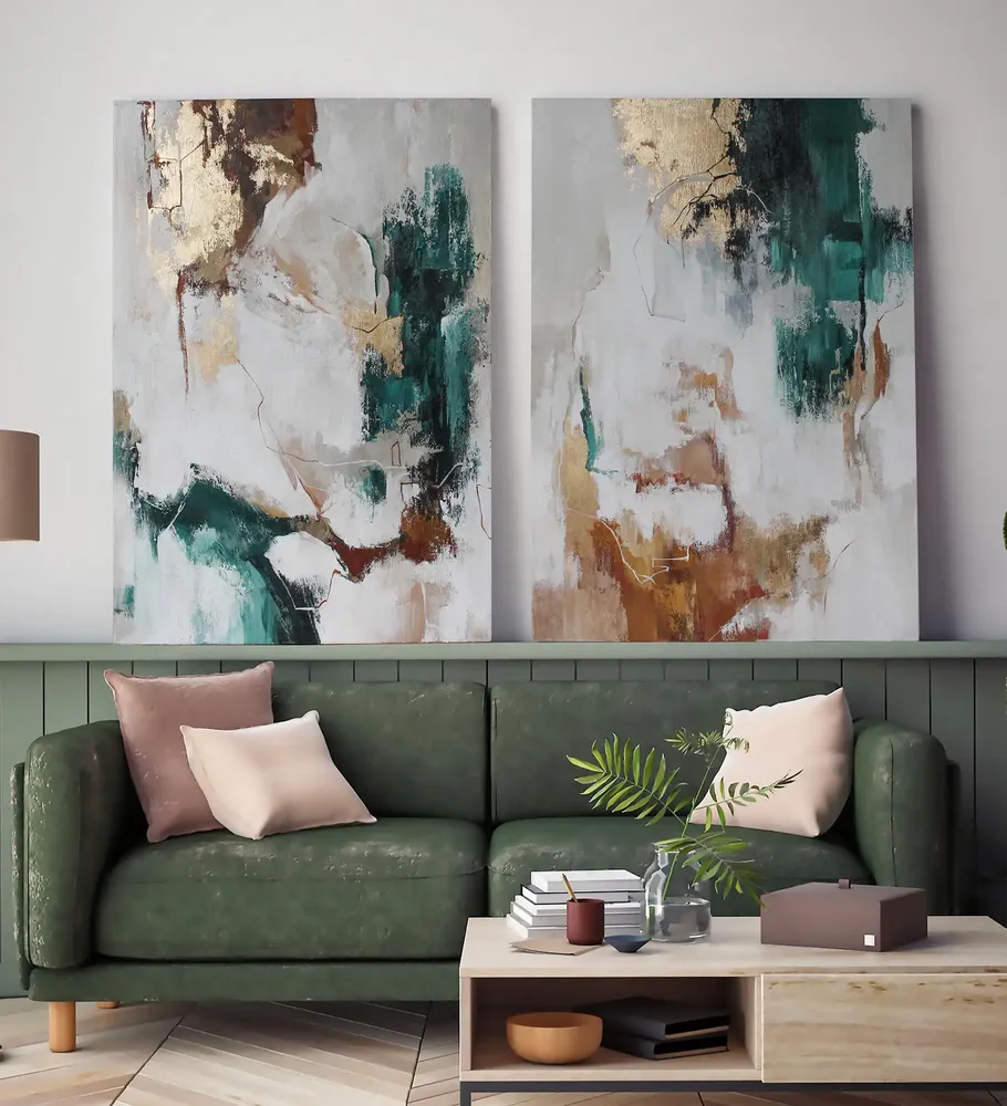 Office design and planning - « Green flux » Series of handmade textured abstract paintings - MATISS ART STUDIO