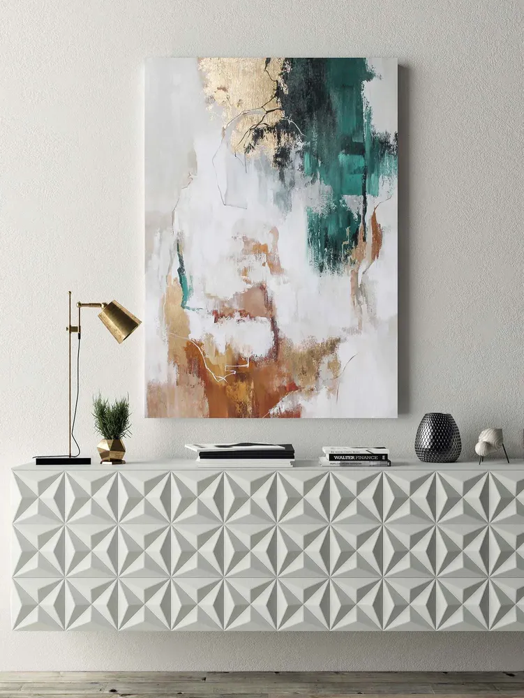 Office design and planning - « Green flux » Series of handmade textured abstract paintings - MATISS ART STUDIO