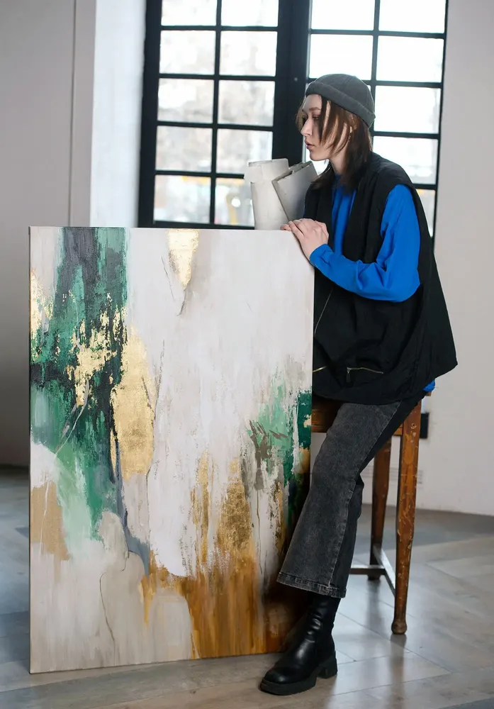 Office design and planning - « Green flow » Series of handmade textured abstract paintings - MATISS ART STUDIO