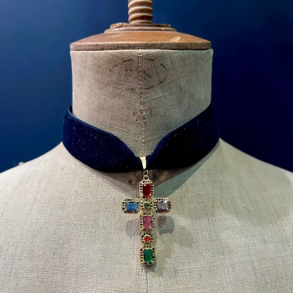 Bijoux - Choker Giulietta - Velours bleu marine - FASCINATO