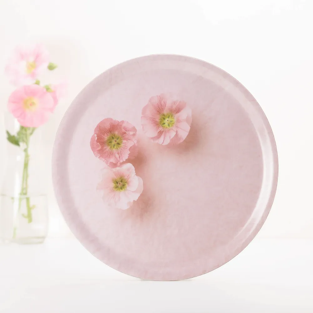 Kitchen utensils - Round wooden serving tray - Trompe-l'œil pink flowers 38 cm - MONBOPLATO