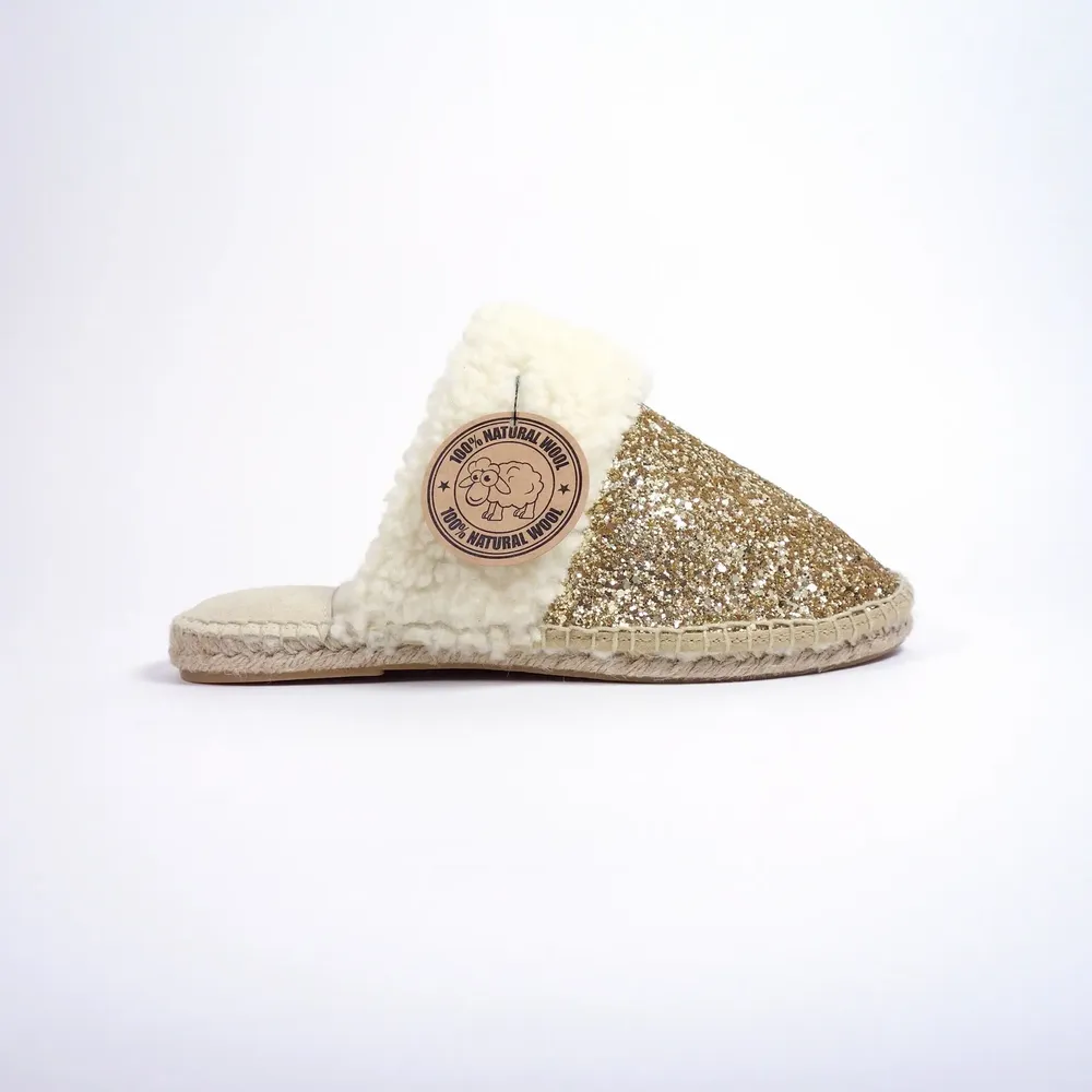 Homewear - Pantoufles femme dorées à paillettes – Laine et jute, fait main - ATELIER COSTÀ