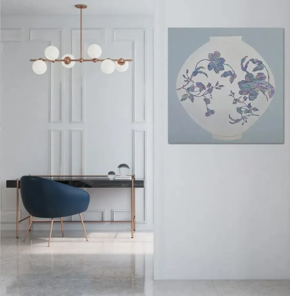 Tableaux - Cheonga — Jarre lunaire & fleurs en nacre, original, 70×70 cm - TREEVILLAGE