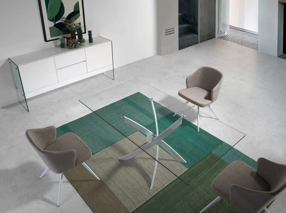 Tables Salle à Manger - Table à manger rectangulaire verre trempé et acier blanc - ANGEL CERDÁ