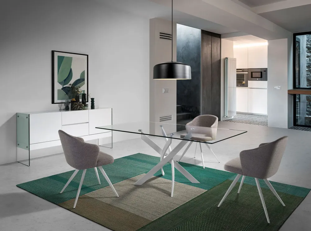 Tables Salle à Manger - Table à manger rectangulaire verre trempé et acier blanc - ANGEL CERDÁ
